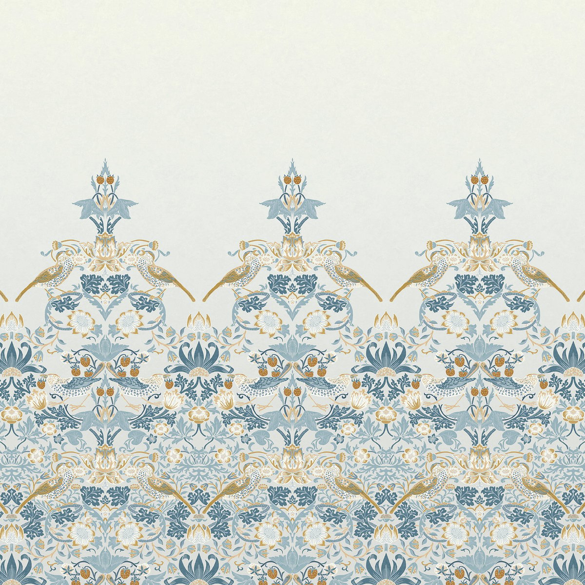 Papier peint panoramique Fleurs de fraisier et oiseaux au lever du soleil bleu, ocre, WILLIAM MORRIS AT HOME