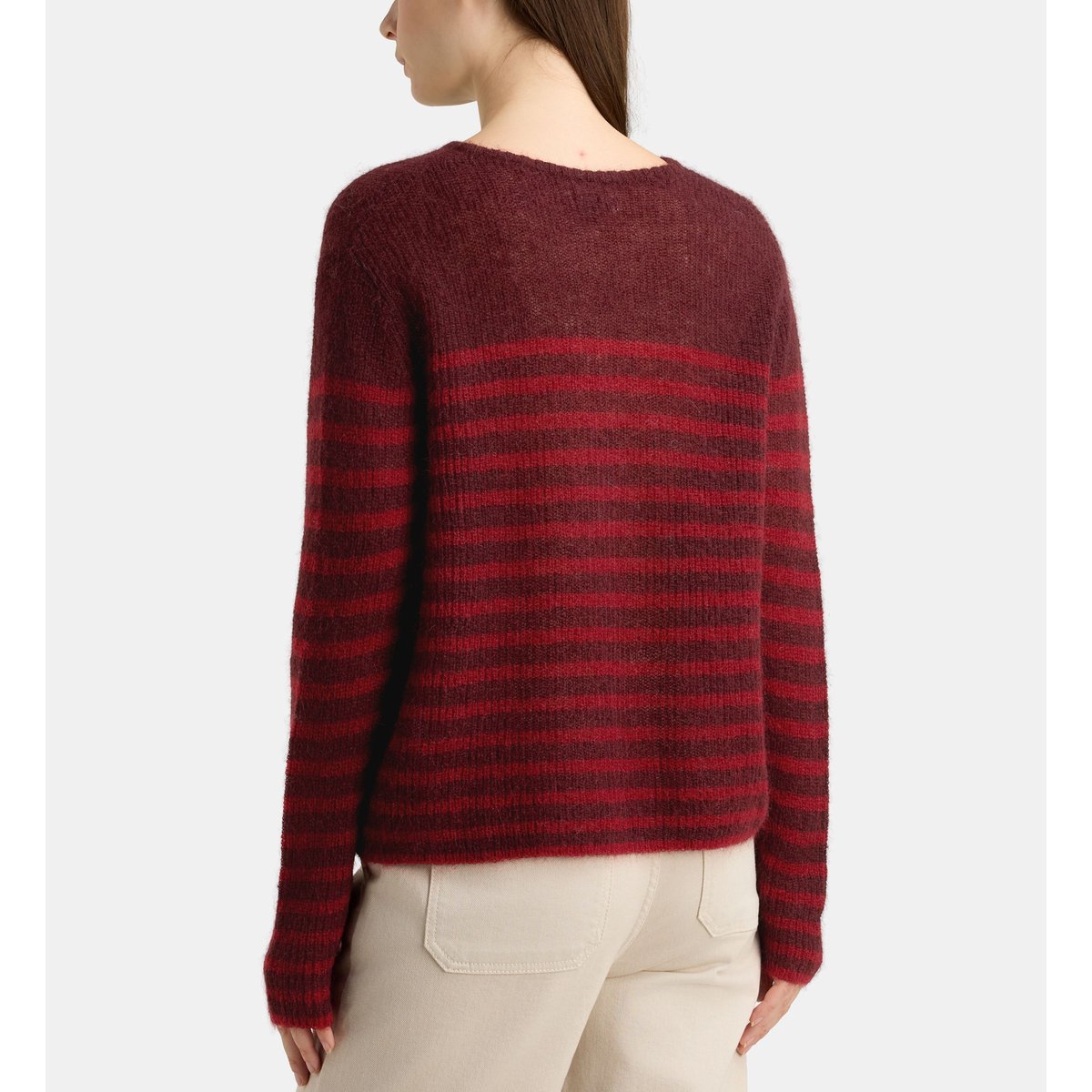 Pull droit finistere rayé en maille de laine mélangée bordeaux, GALERIES LAFAYETTE