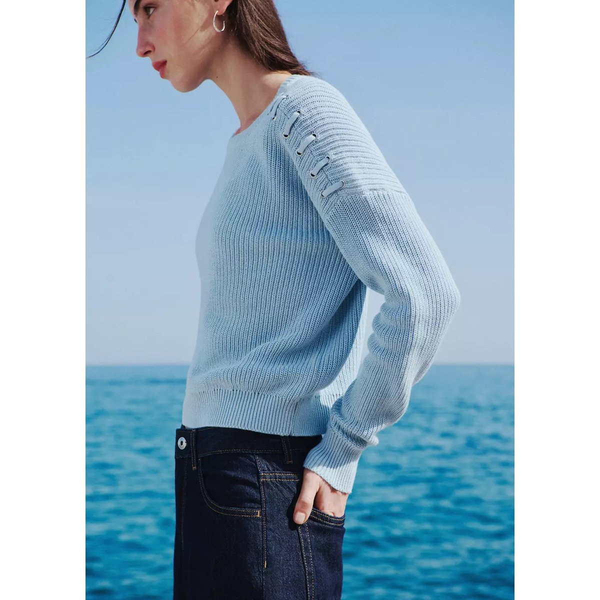 Pull-over 100 % coton maille bleu ciel, MANGO TEEN