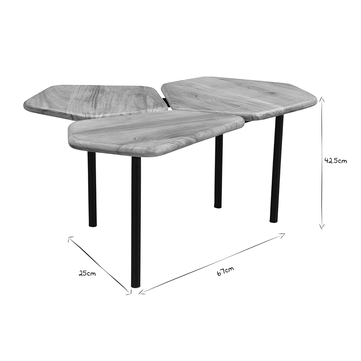 Table basse 3 plateaux bois massif et métal noir L95 cm SUZANE naturel, MILIBOO