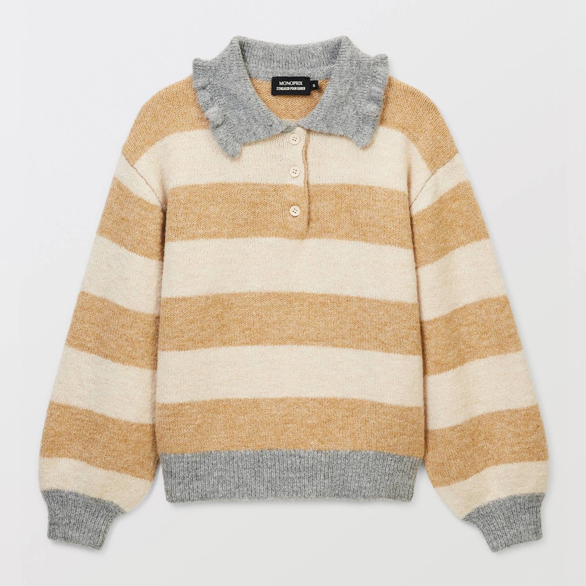 Pull rayé col chemise contenant de la laine osier, MONOPRIX