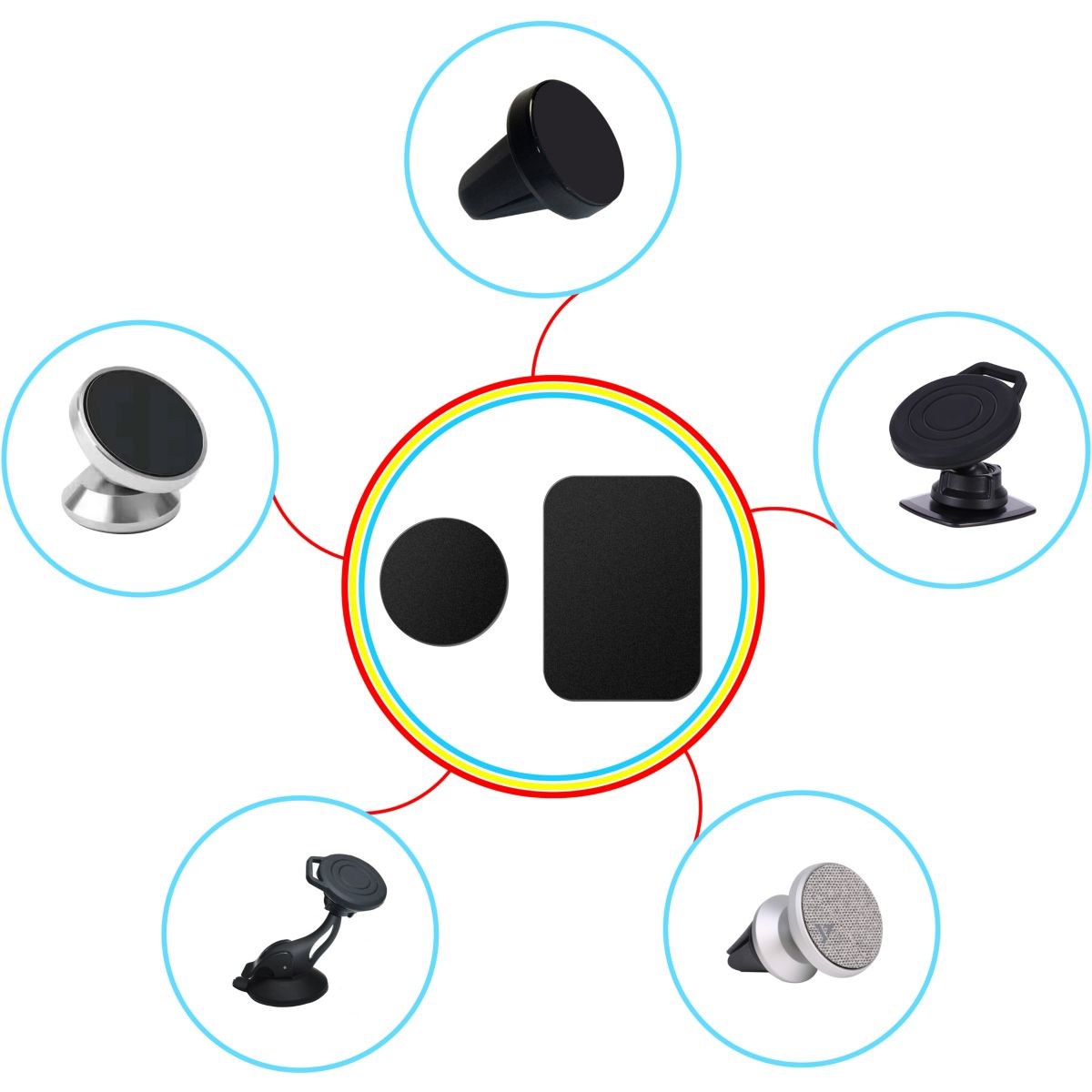 Support smartphone Aimants ronds + rectangles x6 noir, ESSENTIEL B