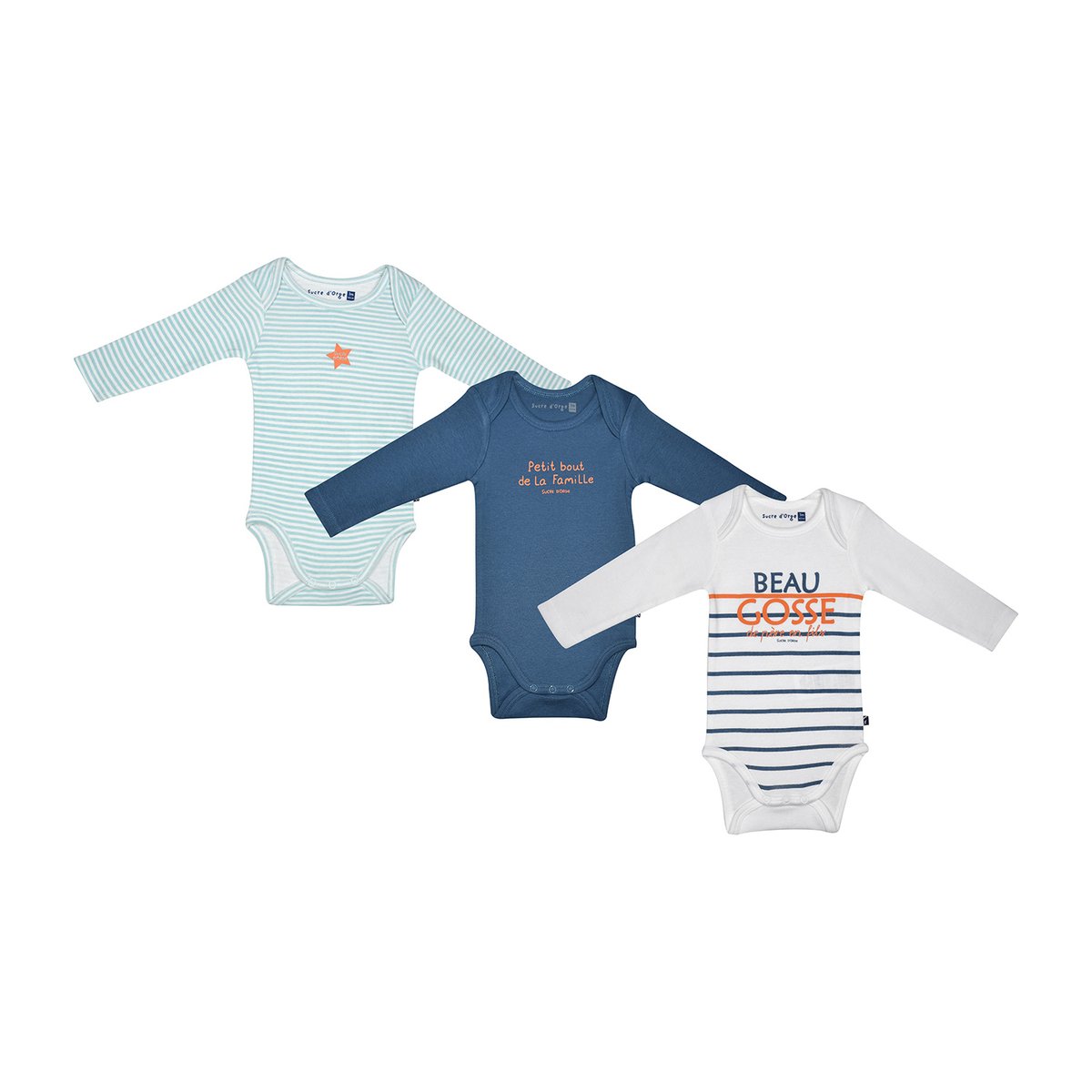 Lot de 3 bodies josef manches longues bebe bleu, SUCRE D'ORGE