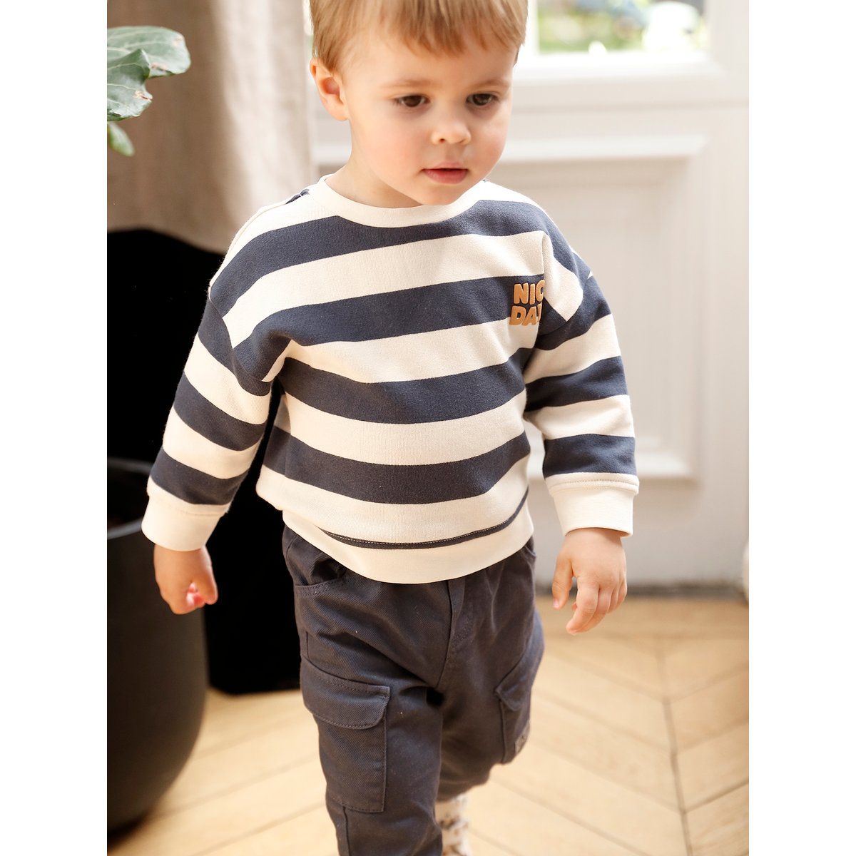 Ensemble sweat rayé + pantalon battle bébé DENIM FABRIC bleu ardoise, VERTBAUDET