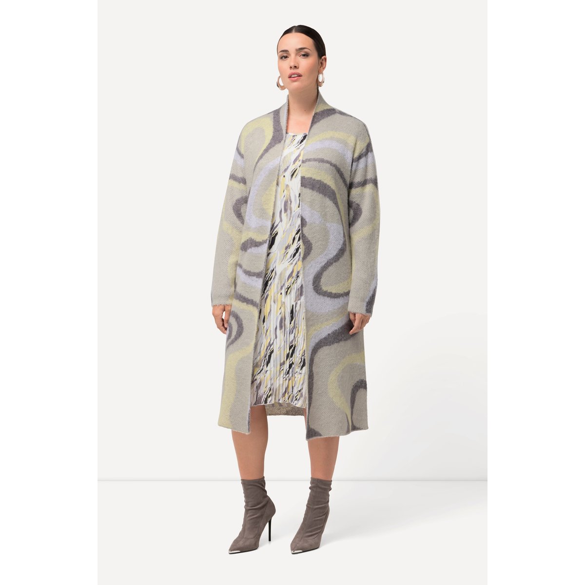 Cardigan long et ouvert, en maille Jacquard gris clair, ULLA POPKEN