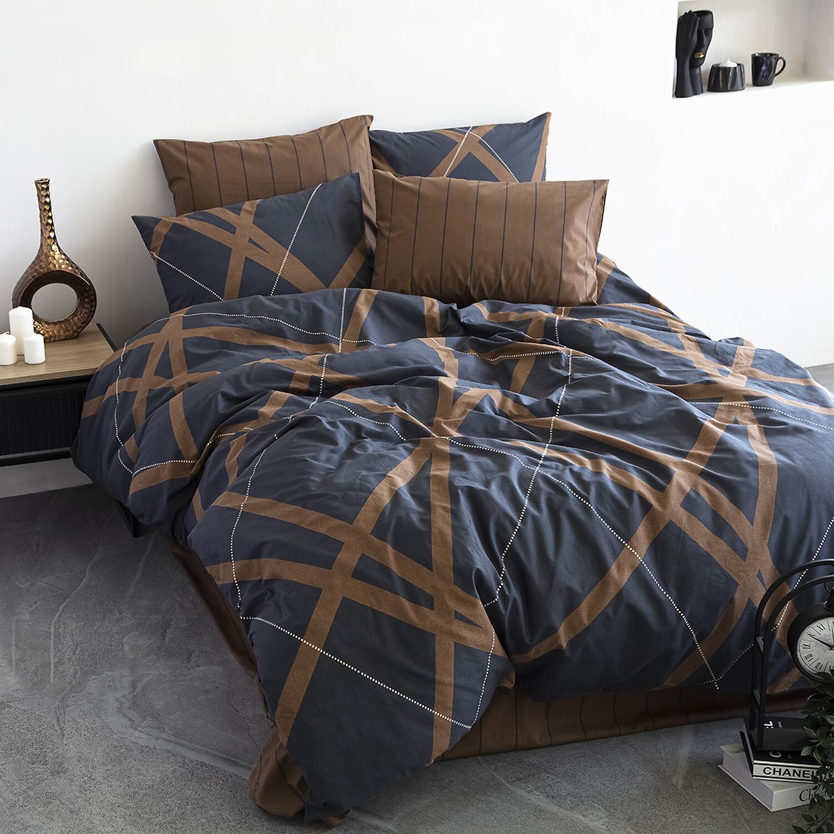 Paure de couette et tai(e) coton imprimé, modern bleu marine, C DESIGN HOME TEXTILE