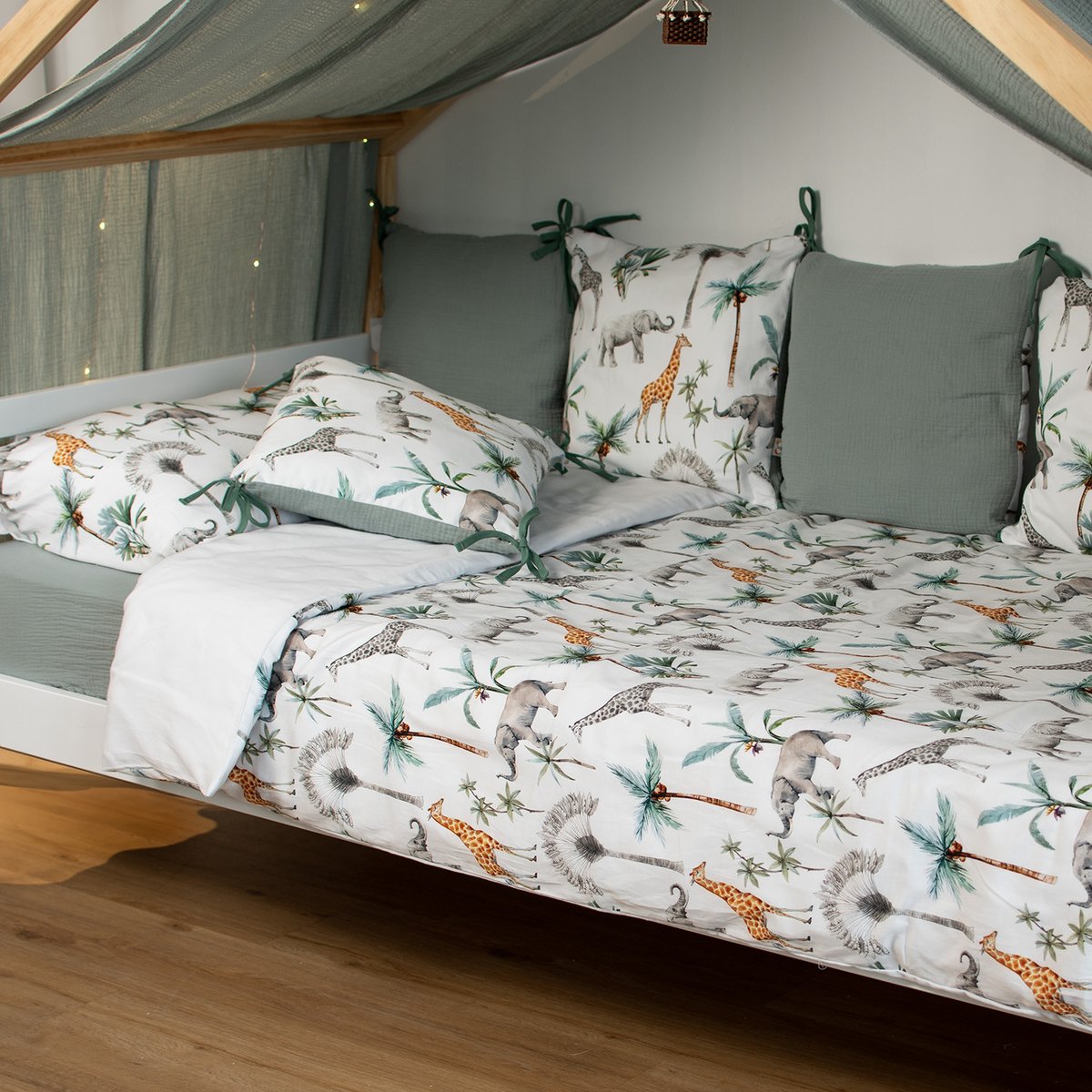 Housse de couette réversible en satin de coton SAFARI safari, vert, gris, blanc, SEVIRA KIDS