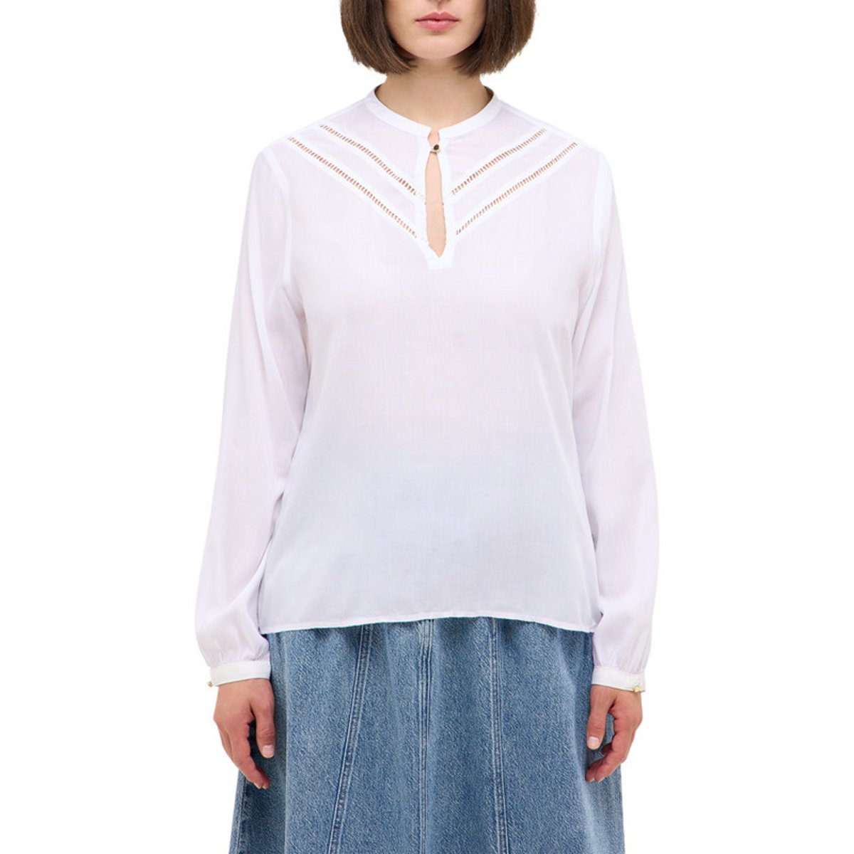 Blouse blanche unie avec un col tunisien et des manches longues blanche, MUSTANG