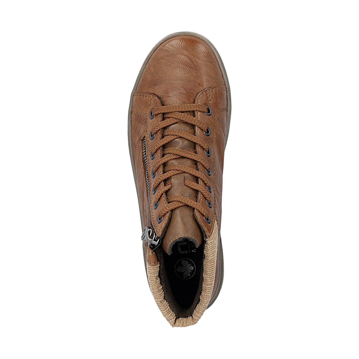 Bottines en cuir cognac à talon plat avec des lacets et un zip latéral cognac, RIEKER