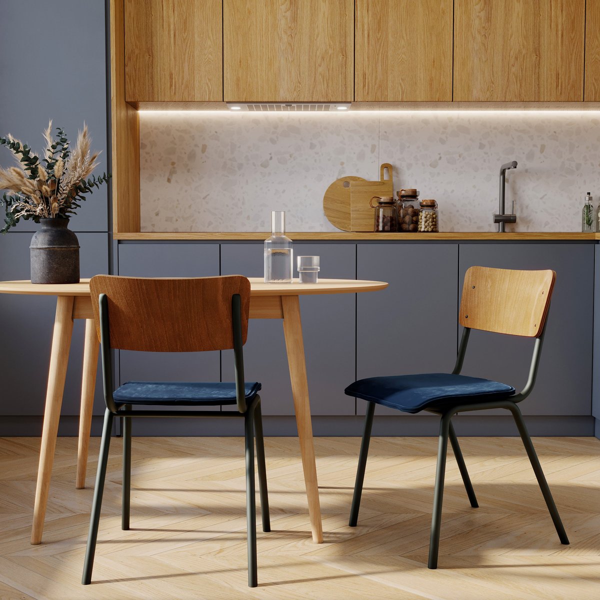 Lot de 2 chaises en bois et velours - NICO bois foncé et bleu, MAISON PAVANE