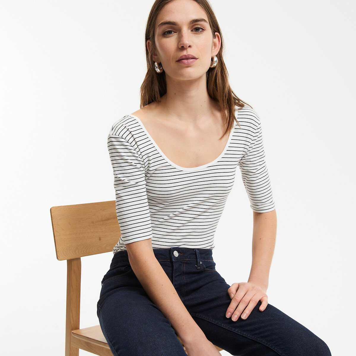 T-shirt col danseuse, à rayures rayé noir/blanc, LA REDOUTE COLLECTIONS