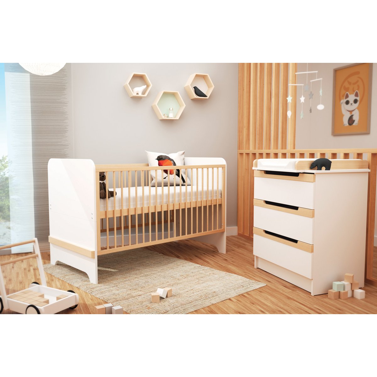 Chambre bébé lit, commode à langer et armoire en bois CARROUSEL blanc et hêtre verni, JURABABY