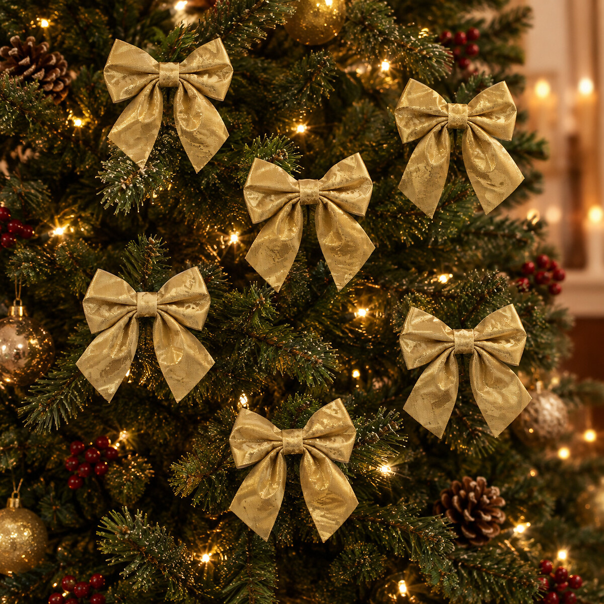 Set of 6 15cm gold bows on backing card gold-coloured, SO'HOME