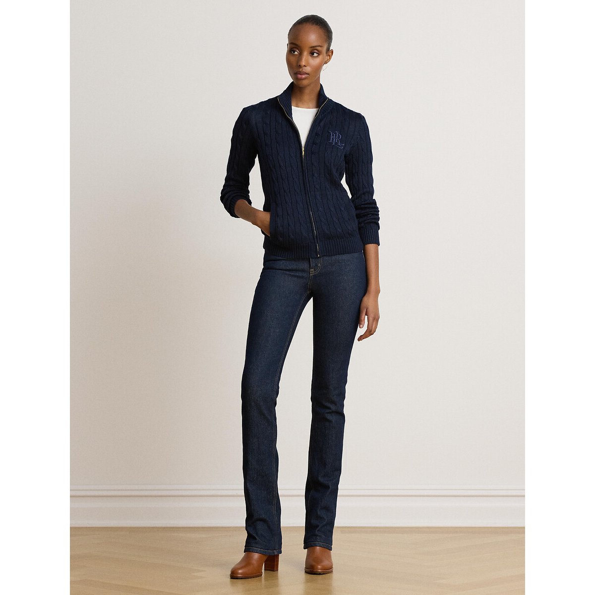 Gilet zippé torsadé à col montant marine, LAUREN RALPH LAUREN