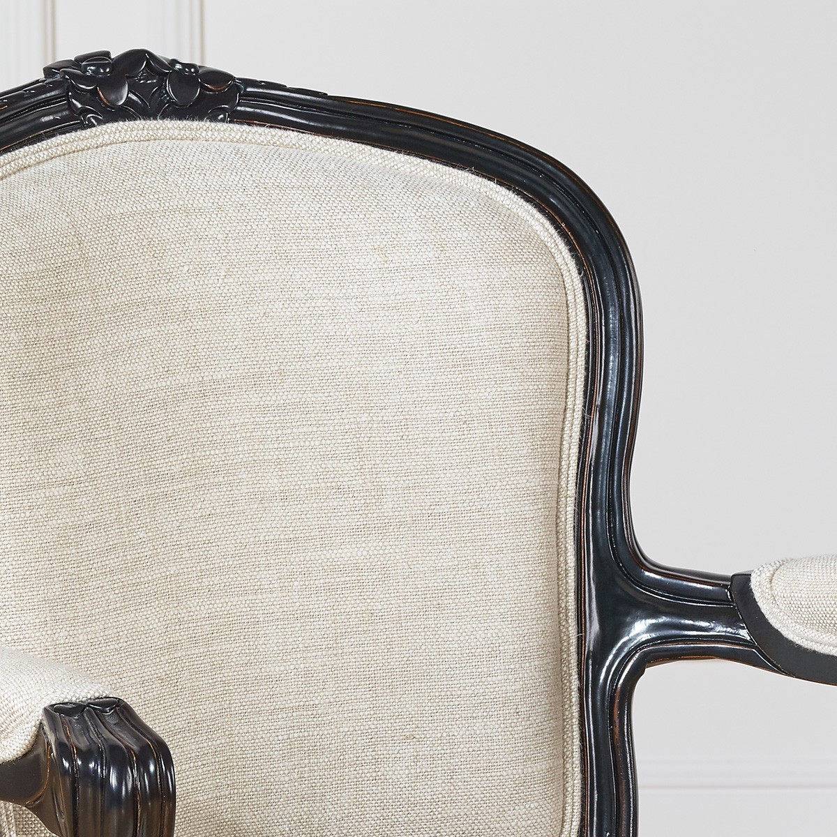 Fauteuil de table en hévéa teinté noir et lin premium LOUVRE lin, ROBIN DES BOIS