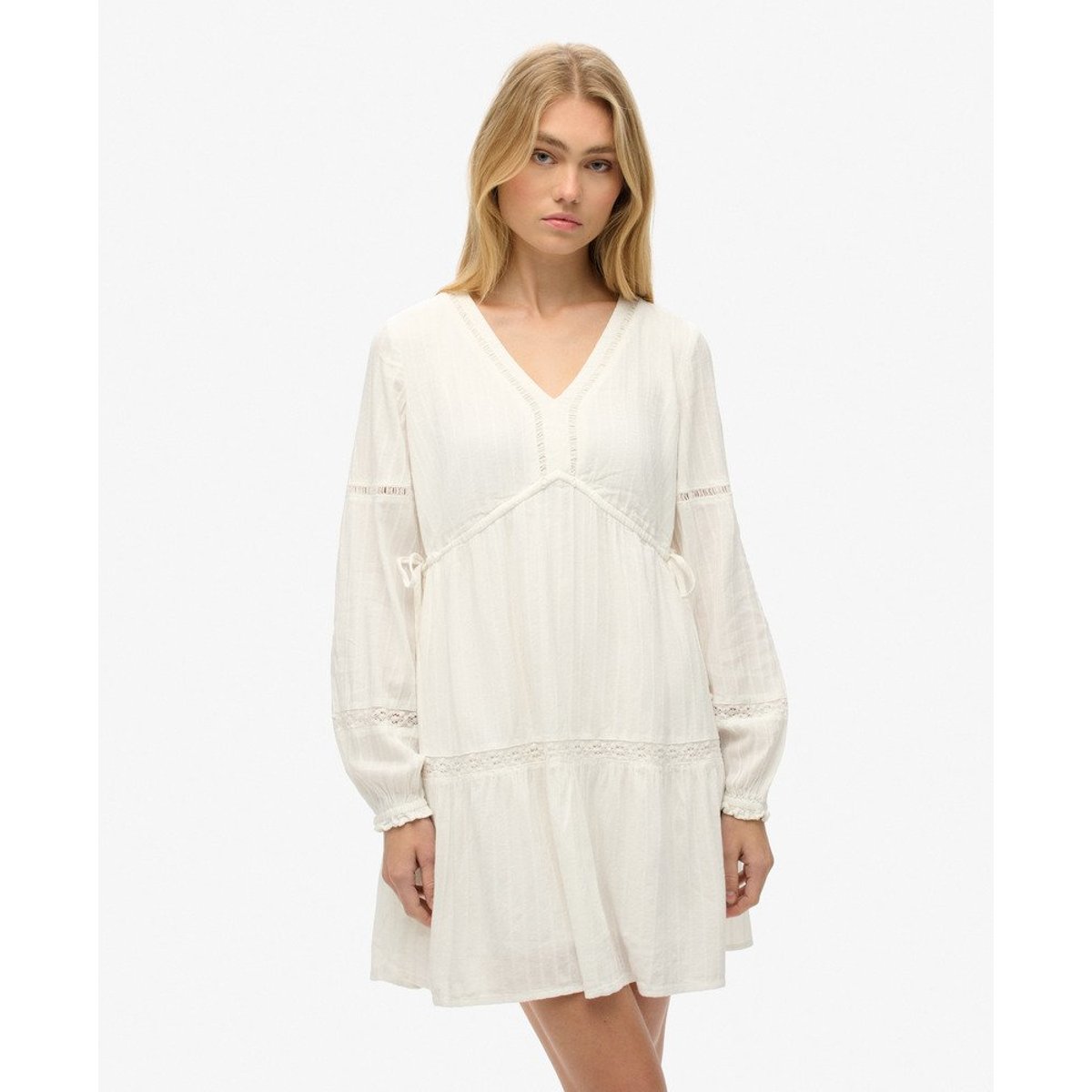 Robe courte à manches longues et volants Ibiza blanc cassé, SUPERDRY