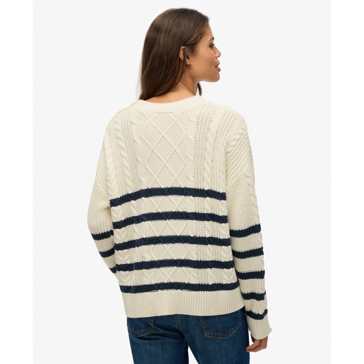 Pull torsadé à col rond rayures bleu marine profond et blanc cassé, SUPERDRY