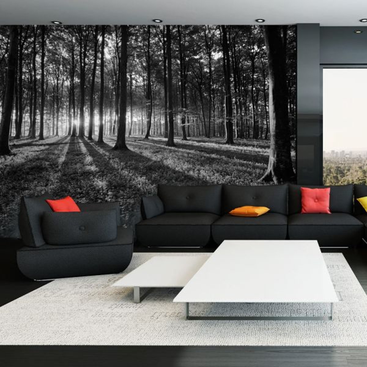 Papier peint intissé panoramique Paysage The Light in the Forest noir, EDEN