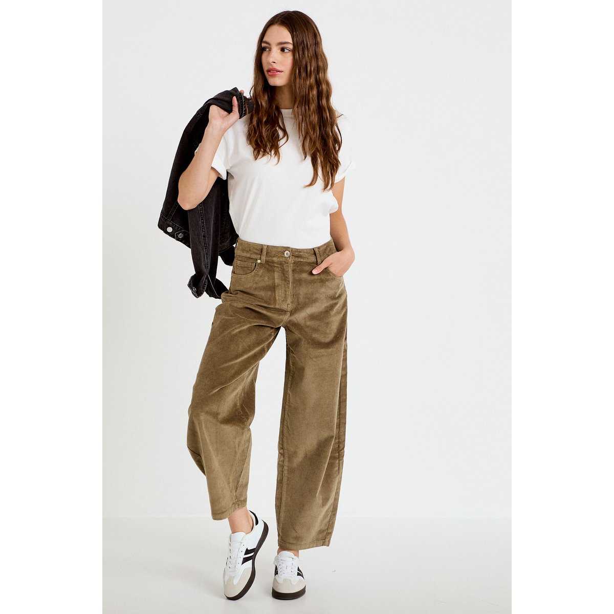Pantalon barrel en velours vert kaki, CACHE CACHE