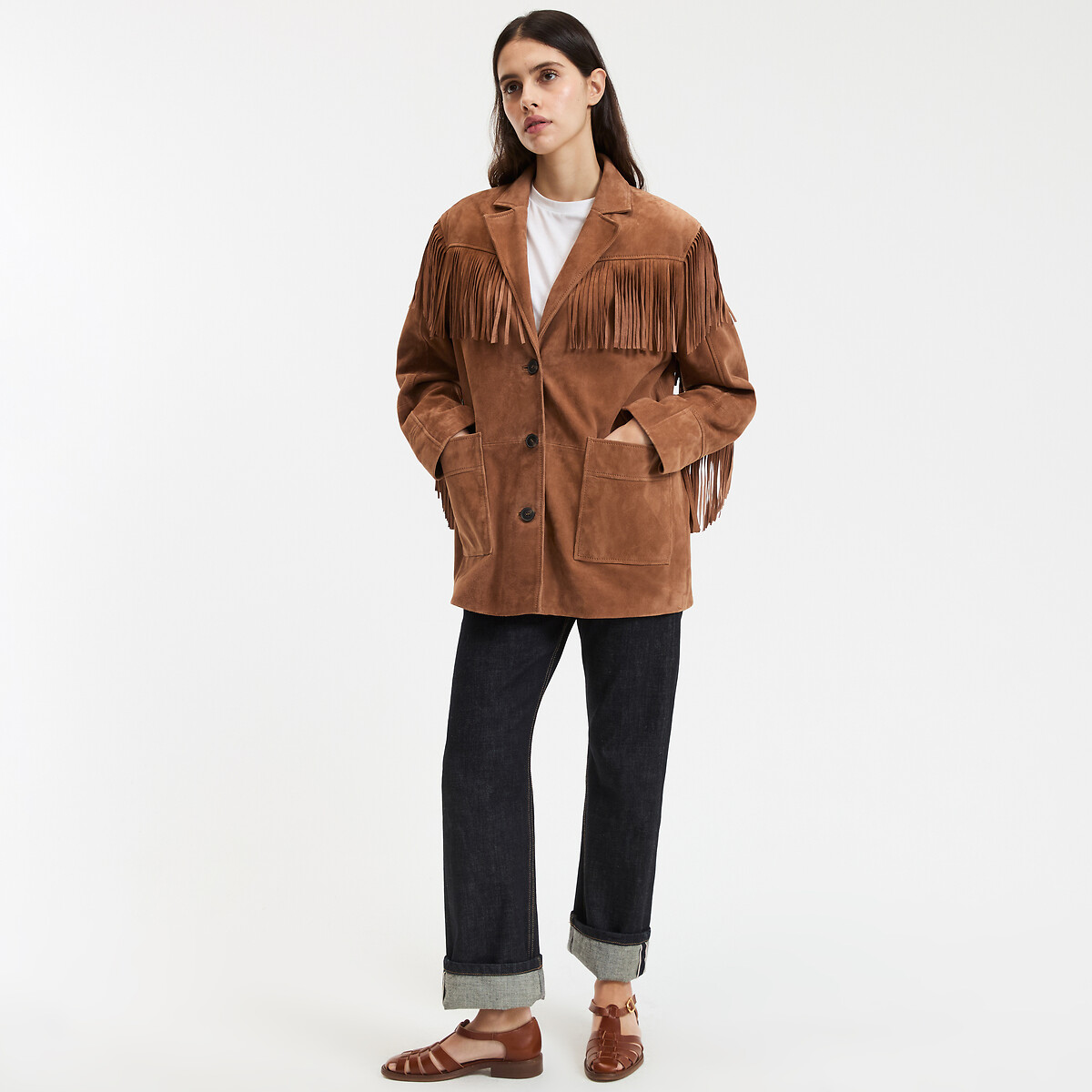 Recht jasje met franjes, van geitenleer kastanje kameel, LA REDOUTE COLLECTIONS