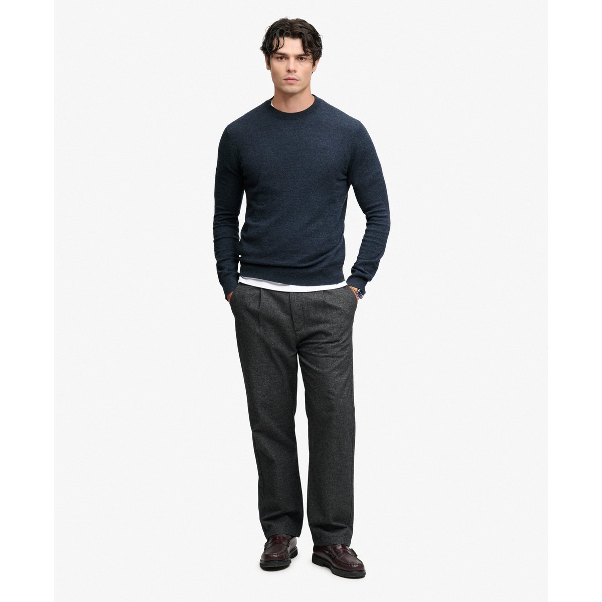 Pull Essentiel Léger en Laine Mélangée bleu marine chiné intense, SUPERDRY