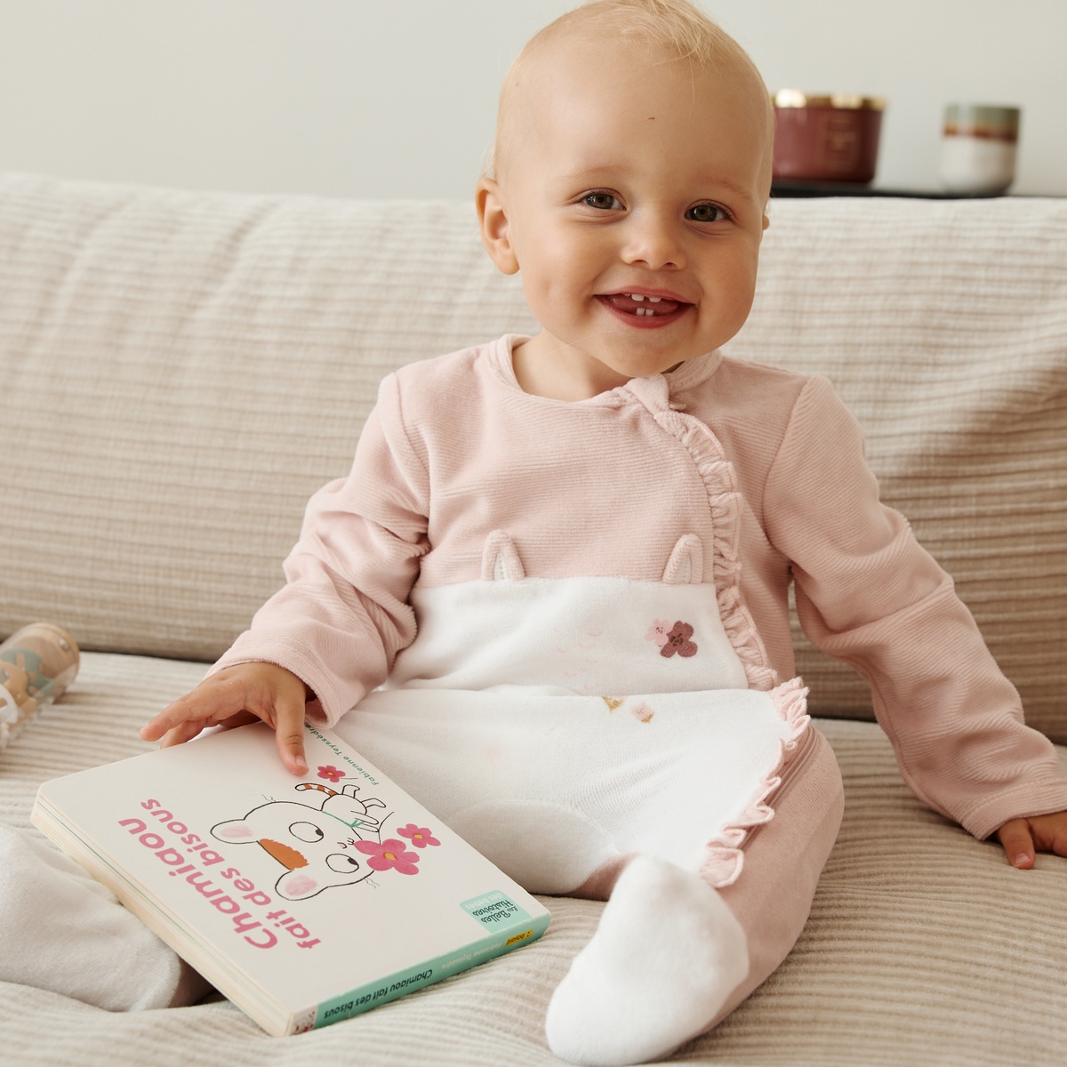 Pyjama bébé en velours ouverture zippée Miette rose, PETIT BEGUIN