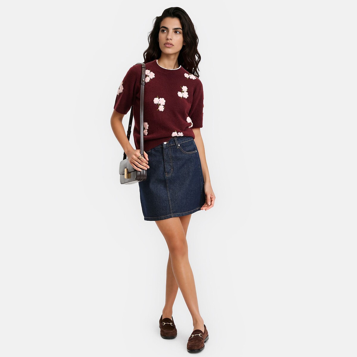 Maglia a collo rotondo e maniche corte con ricami floreali rosso bordeaux, LA REDOUTE COLLECTIONS