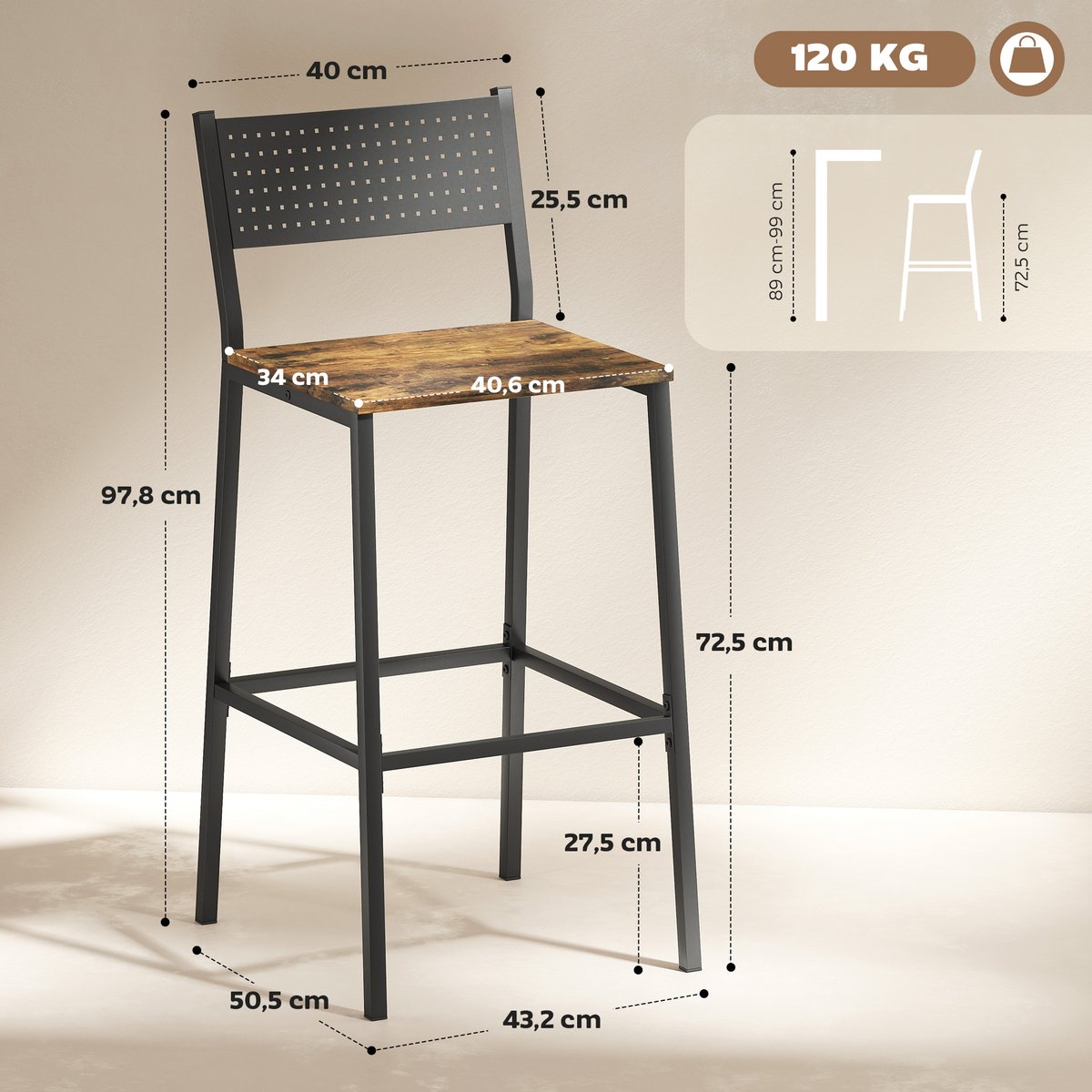 Tabouret de bar Métal Brun Rustique brun rustique et noir, HOMCOM