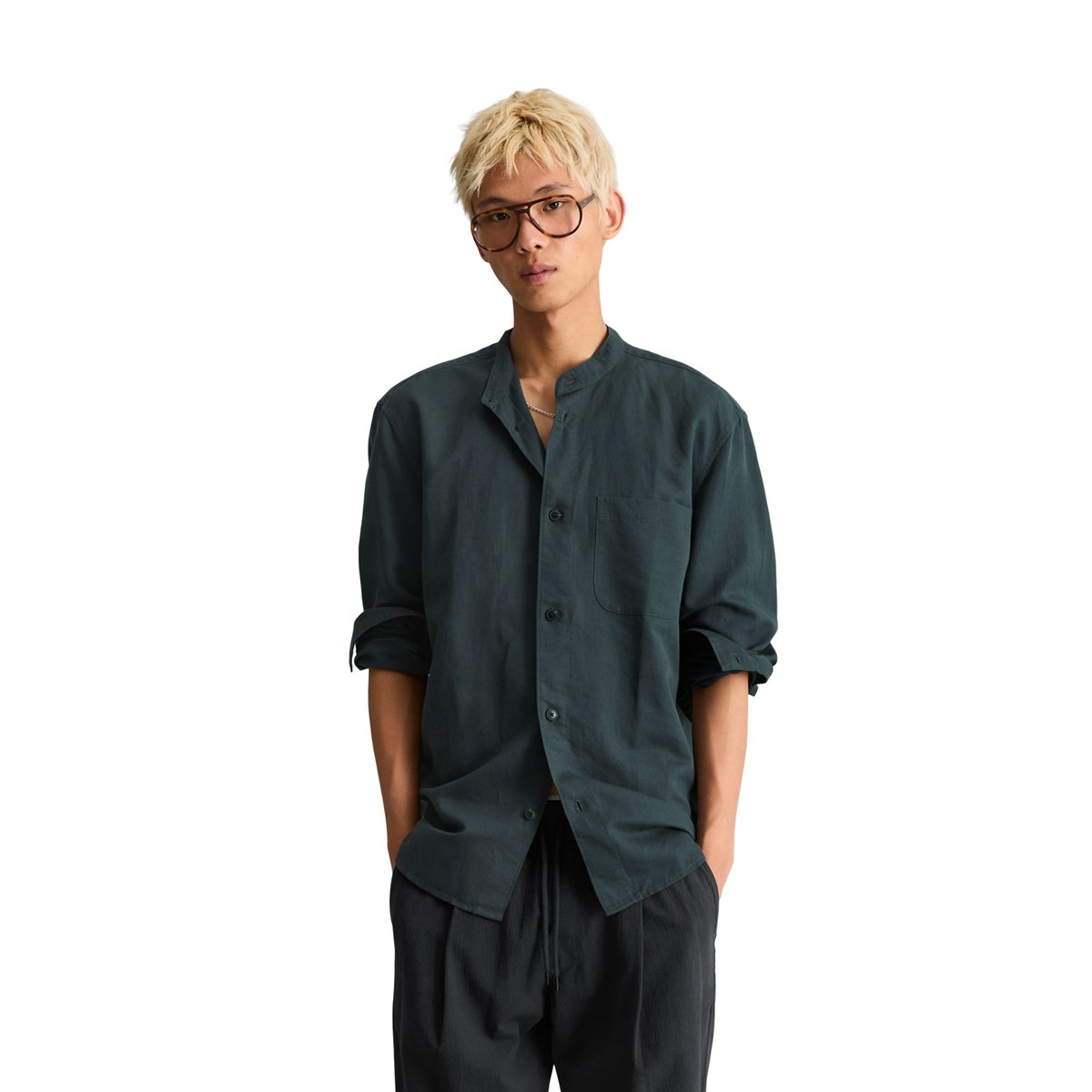 Chemise à col droit regular en lin et en coton bio bleu foncé, MARC O’POLO DENIM