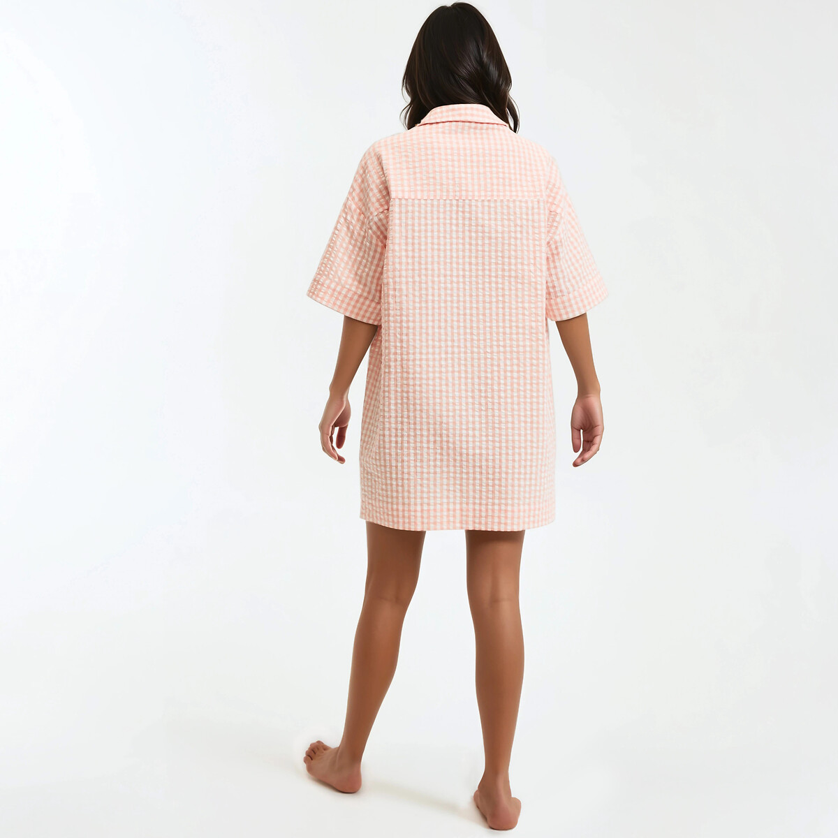 Chemise de nuit seersucker, en vichy tissé-teint, Signature AIMÉE rose, LA REDOUTE COLLECTIONS