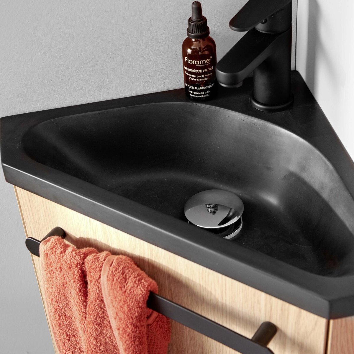 Meuble lave-mains d'angle suspendu SKINO décor chêne (vasque noire), MOB IN
