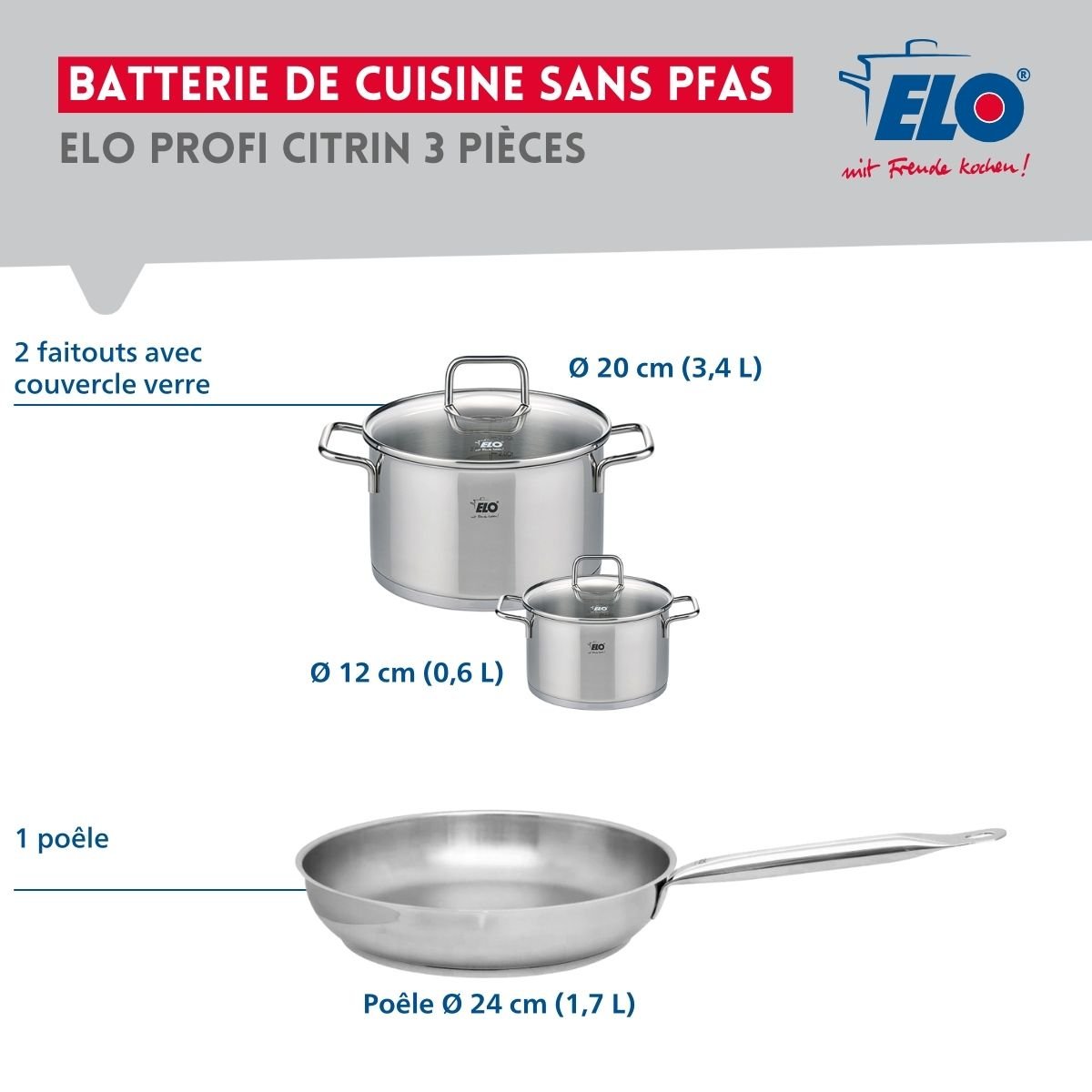 Batterie 1 poêle 24cm + 2 faitouts 12/20cm PROFI CITRIN gris, ELO