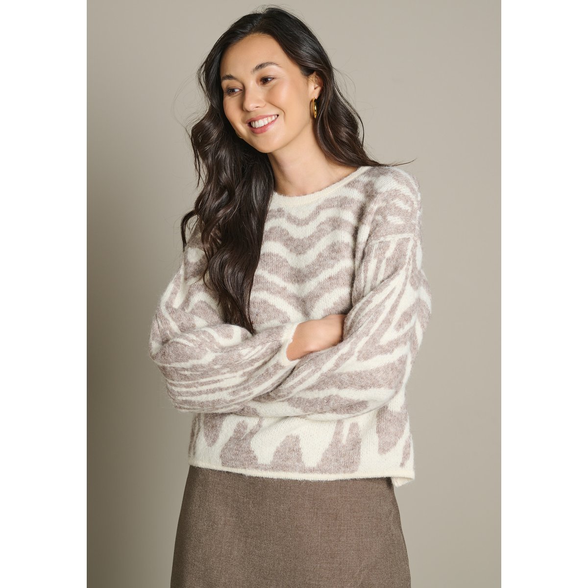 Pull jacquard motif animalier blanc vanille, LOLALIZA