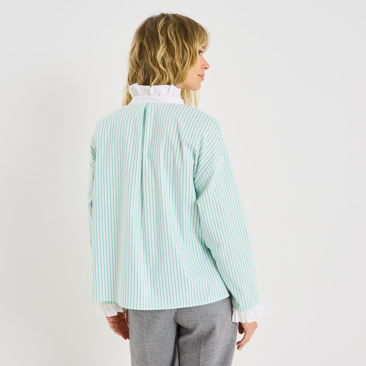 Blouse rayée à col montant volanté vert, GRAIN DE MALICE