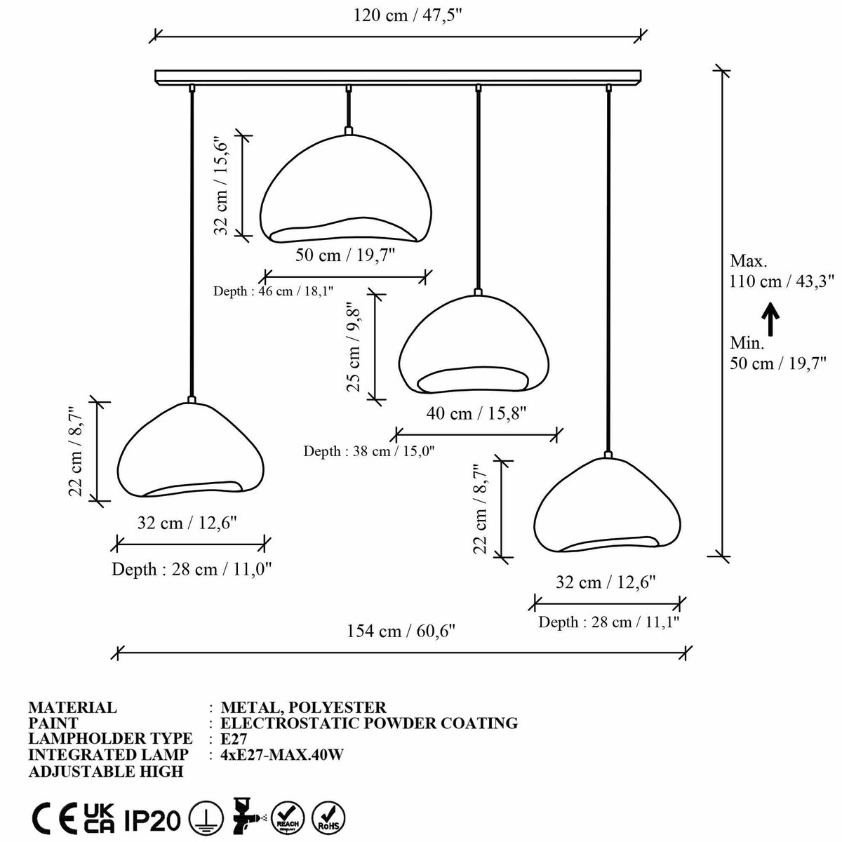 Suspension de table 4 lampes en ligne NOXIS blanc, PIER IMPORT