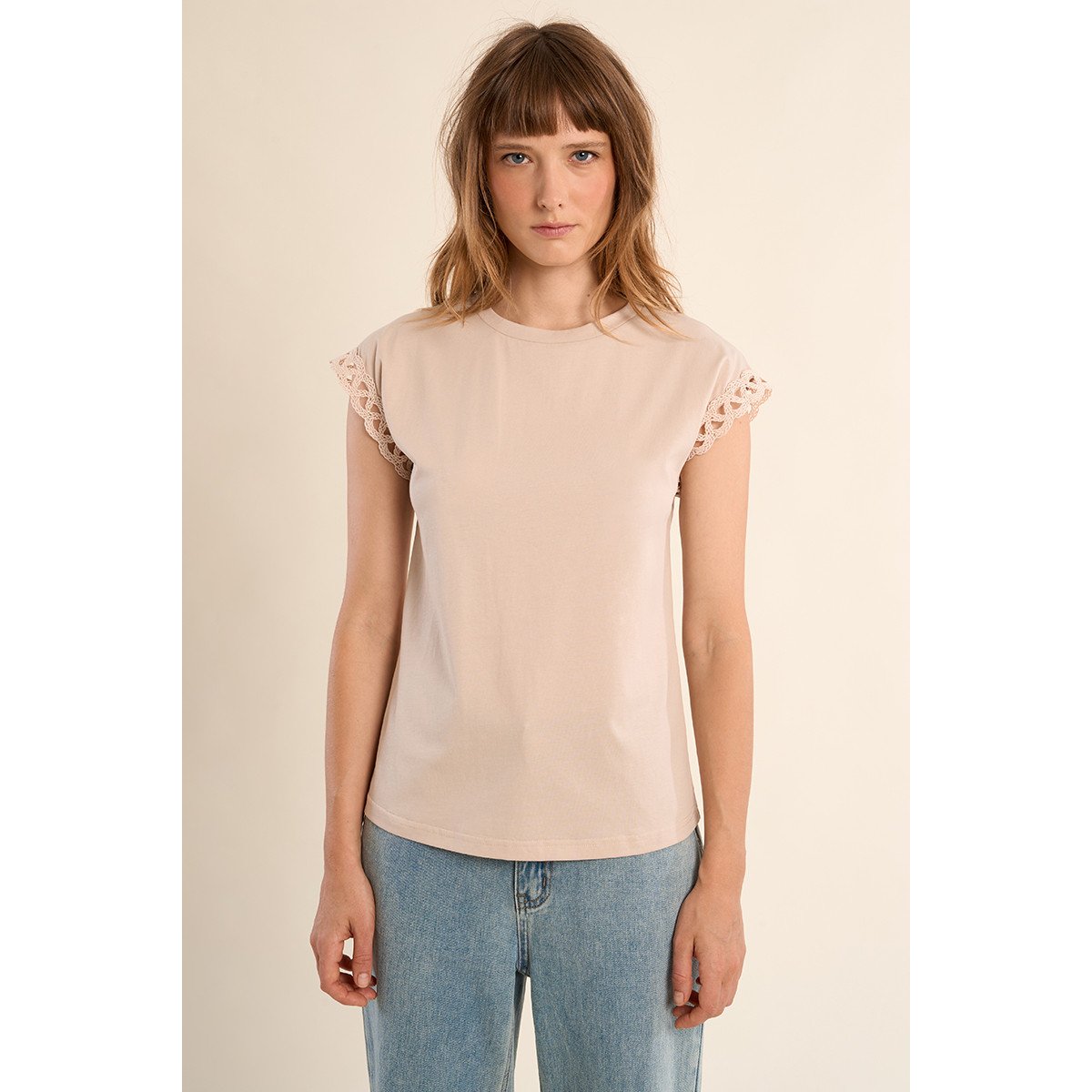 T-shirt manches ajourées beige, MOLLY BRACKEN