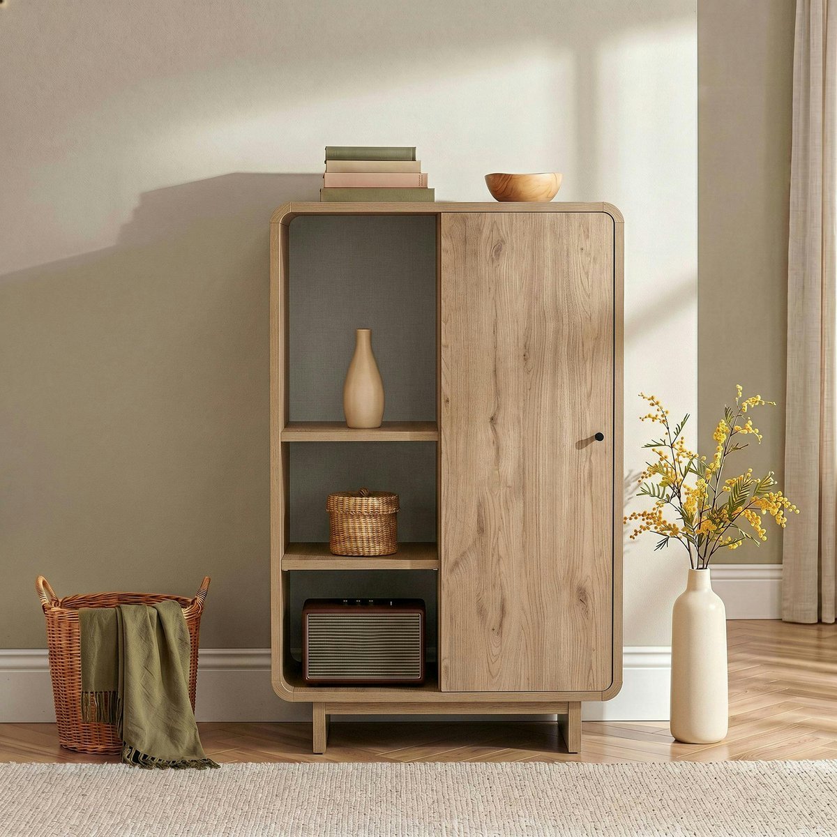 Buffet étagère moderne en bois, 1 porte MARFA chêne, PIER IMPORT