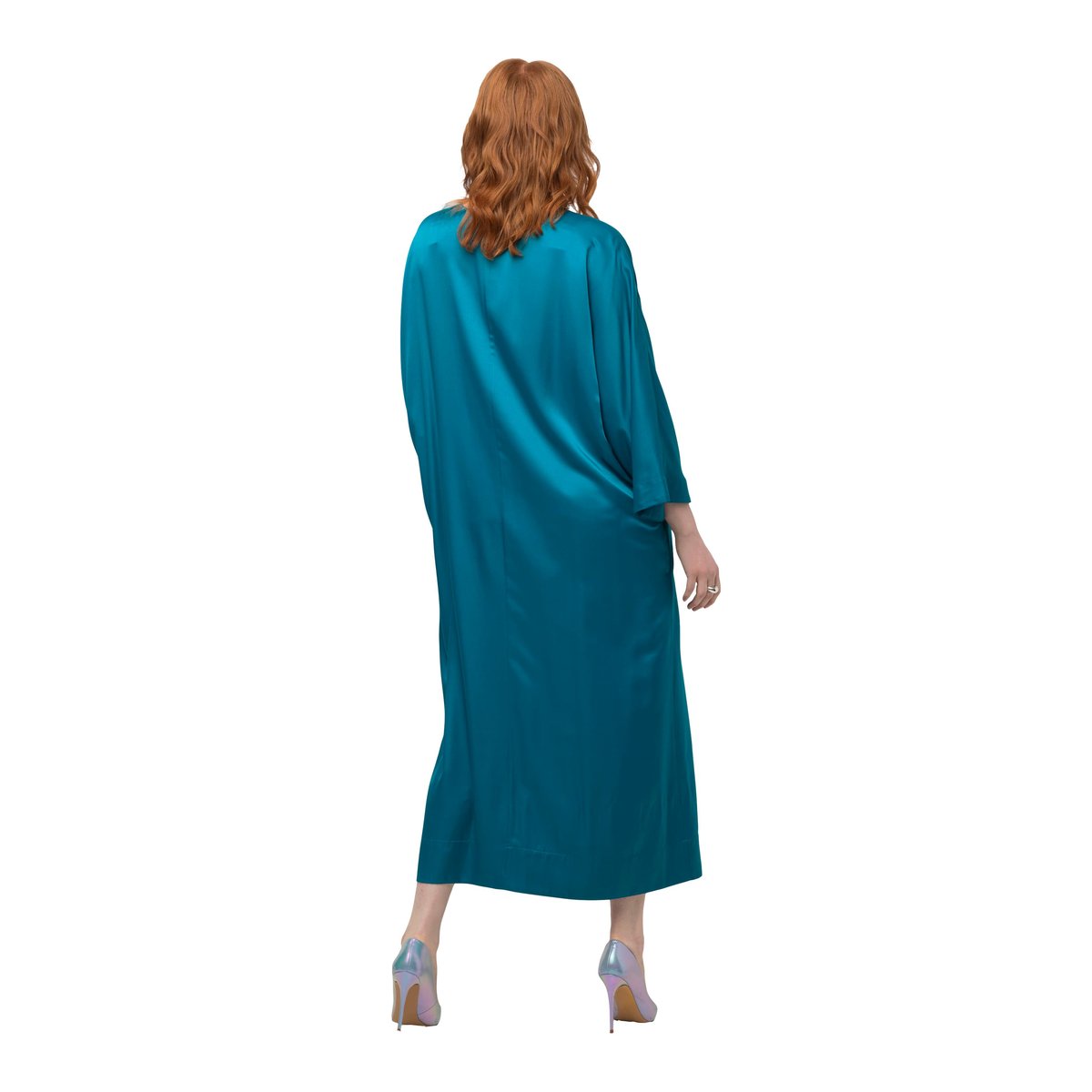 Robe midi en satin à col V pétrol, ULLA POPKEN