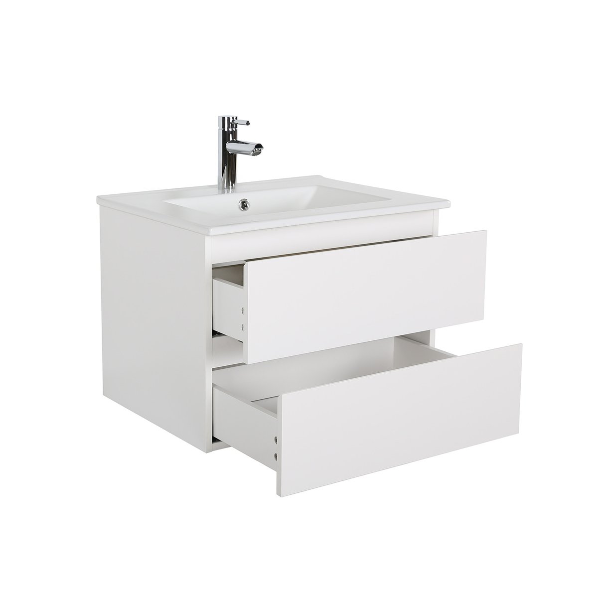 Ensemble simple vasque 60cm avec plan céramique et robinet noir SORRENTO blanc satiné, MOB IN