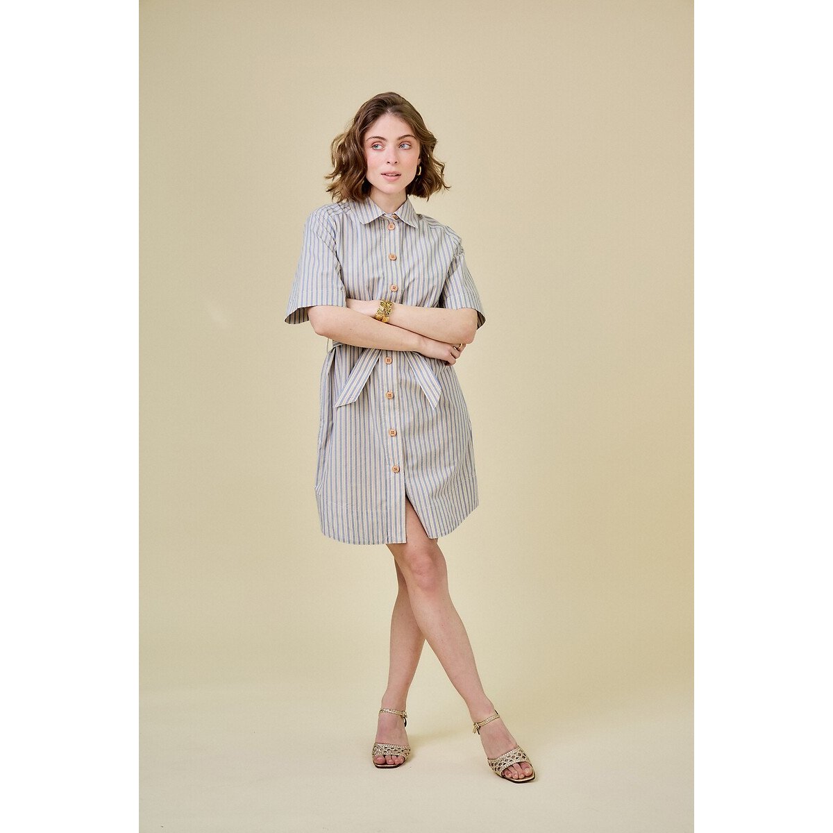 Short-Sleeved Striped Shirt Dress blue, SEE U SOON