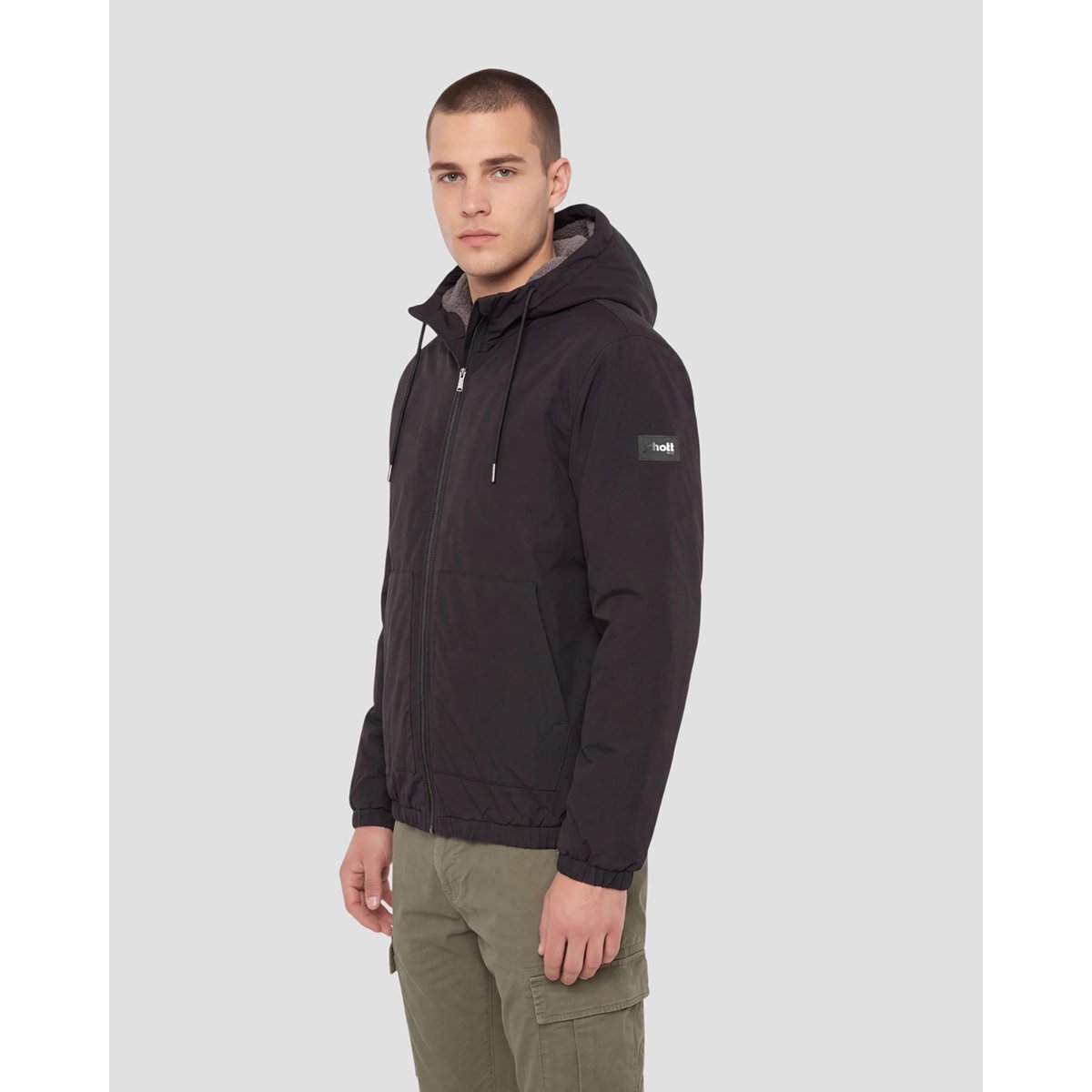 Blouson à capuche doublé sherpa noir, SCHOTT