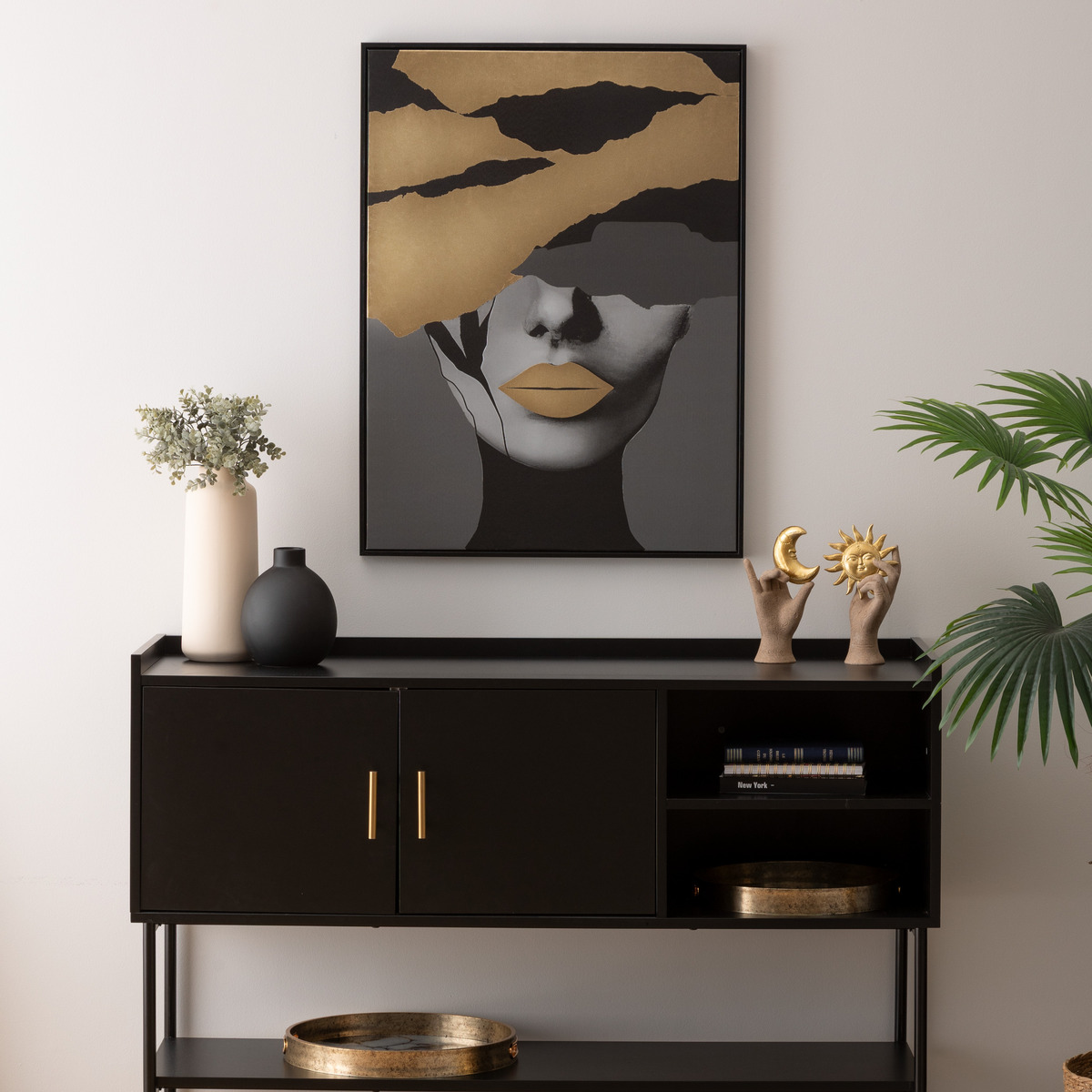 Toile imprimée encadrée dorée ANAELLE noir, ATMOSPHERA