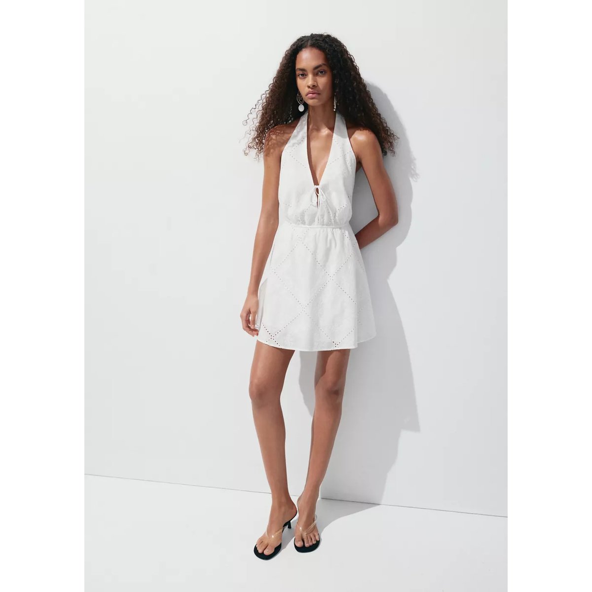 Robe halter avec broderies ajourées blanc, MANGO