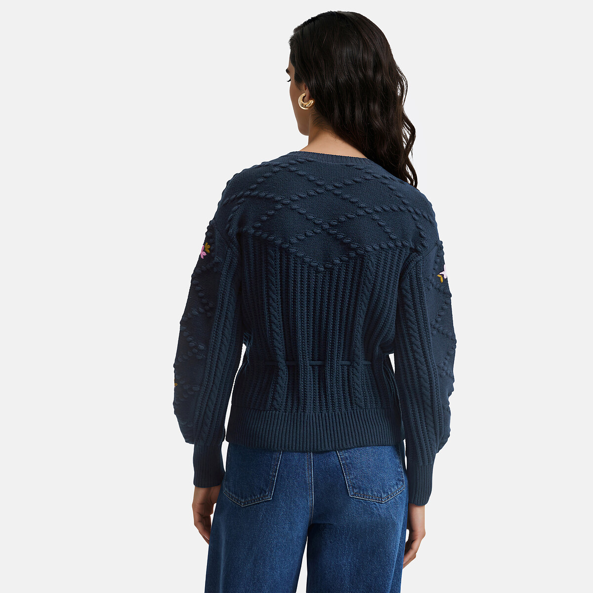 Cardigan brodé fleurs, avec lien à la taille bleu marine, LA REDOUTE COLLECTIONS