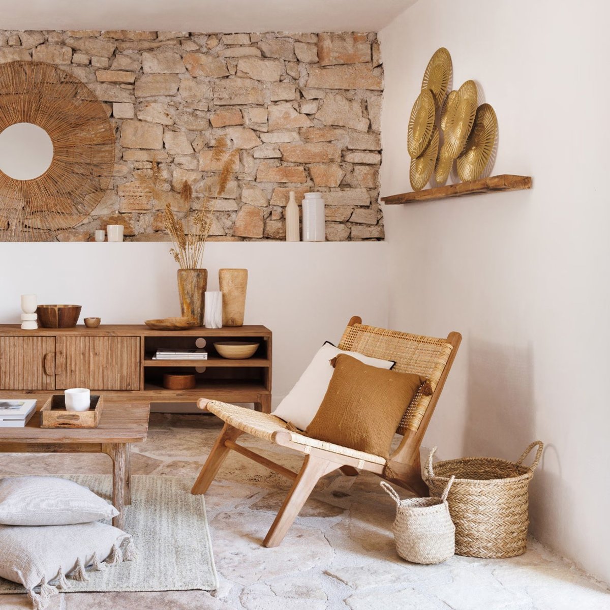 Fauteuil en teck et rotin tressé TIMOR beige lin, ATMOSPHERA