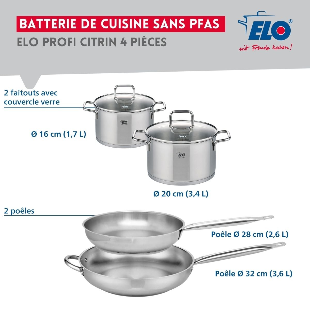 Batterie 2 poêles 28/32cm + 2 faitouts 16/20cm PROFI CITRIN inox, ELO