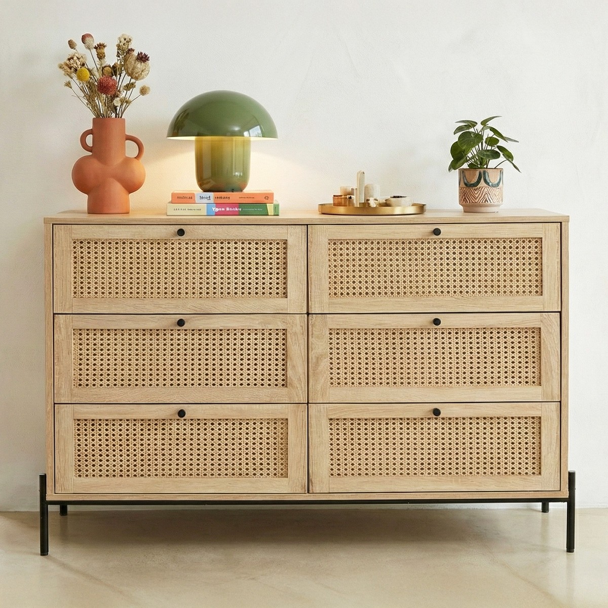 Commode 6 tiroirs en cannage et effet chêne - IRIS naturel, HOMIFAB