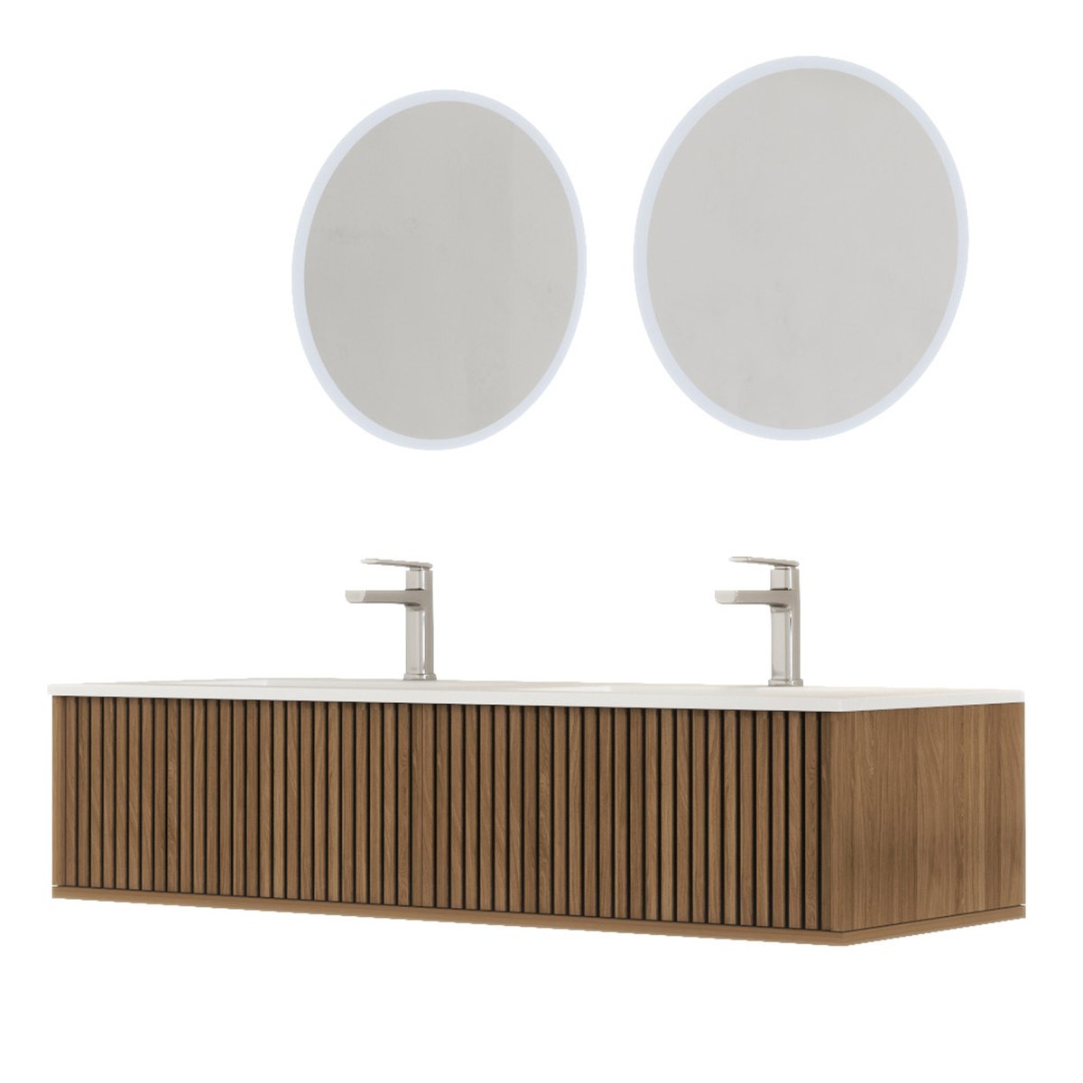 Meuble de salle de bain suspendu avec façade crantée, vasque(s) et miroir(s) LED naturel, HOME MAISON