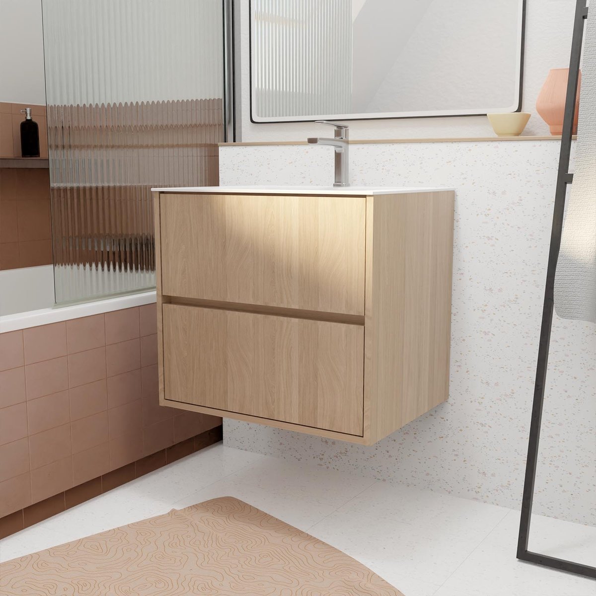 Meuble de salle de bains suspendu 2 tiroirs avec vasque naturel, HOME MAISON