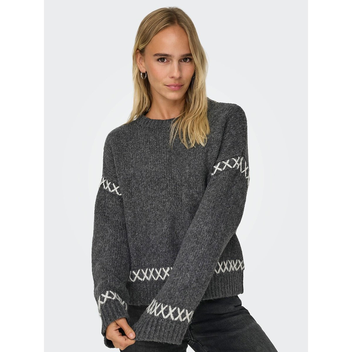 Crew Neck Jumper with Contrasting Seam Details dark grey            , ONLY
